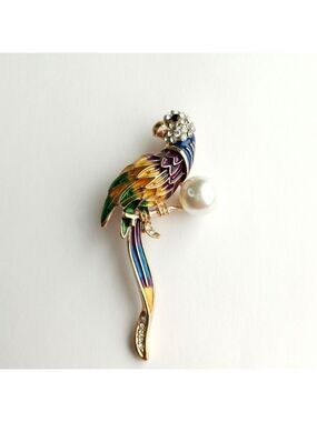 Bird Parrot Brooch Pin Enamel Crystal Pearl